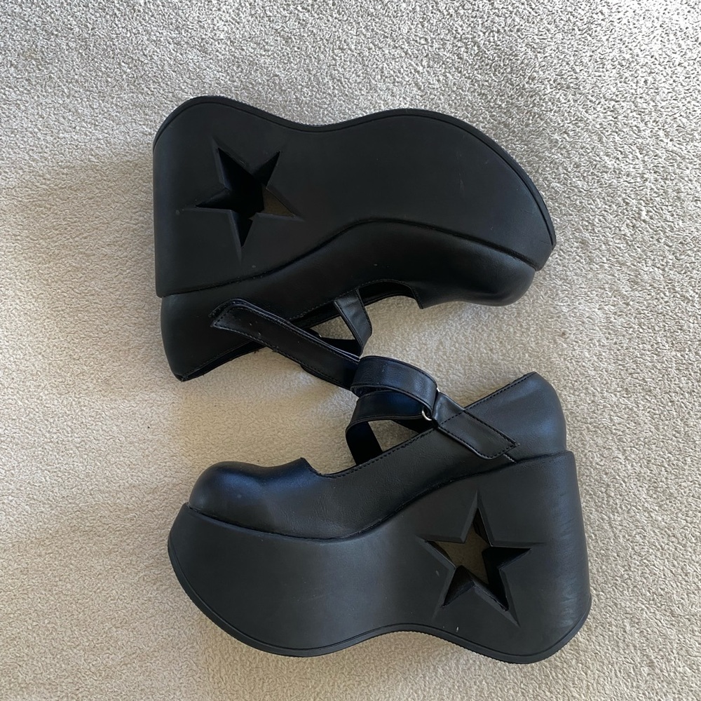 Demonia Black Star Cutout Platform Mary Jane Wedges